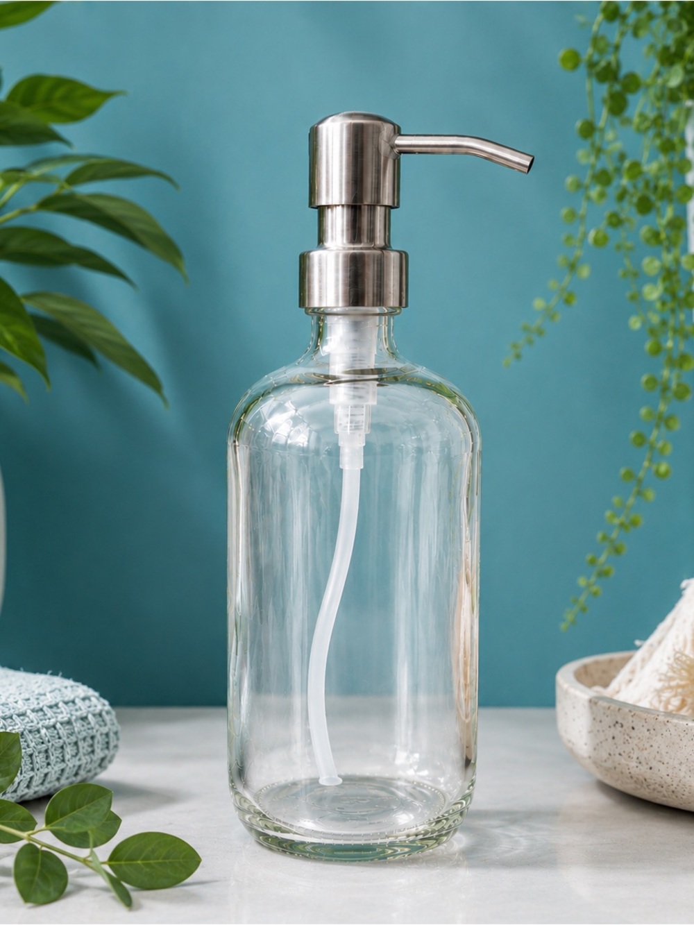 16 OZ. GLASS SOAP DISPENSER W/ METAL PUMP (CLEAR GLASS/SILVER PUMP)
